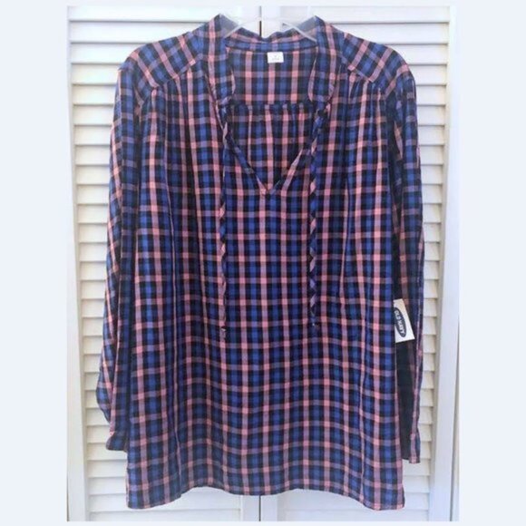 New: 8-10 M Women's Rayon Old Navy Pink & Blue Plaid Top - Picture 2 of 5